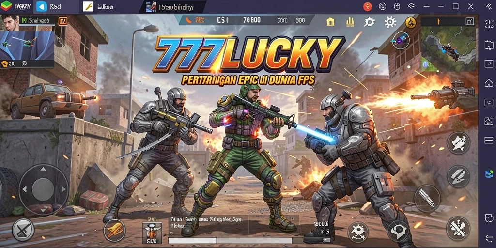 Gameplay 777LUCKY dengan pertarungan FPS yang menegangkan.
