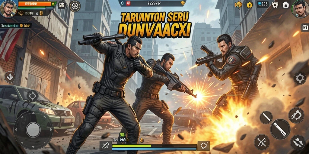 Tampilan gameplay seru dengan karakter beraksi dalam pertempuran seru.