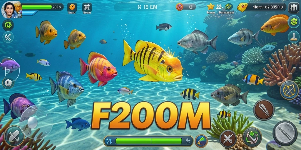Tampilan gameplay seru dalam F200M Tembak Ikan.