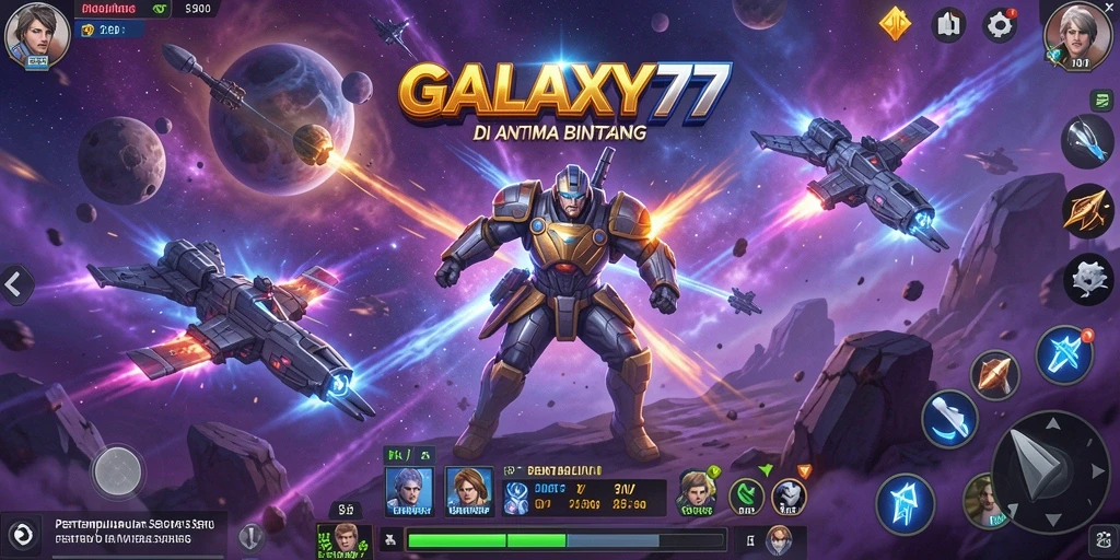 Screenshot dari GALAXY77 menampilkan aksi pertempuran intens di luar angkasa.