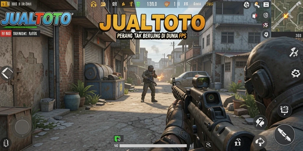 Screenshot menunjukkan aksi tembak-menembak seru dalam JUALTOTO.