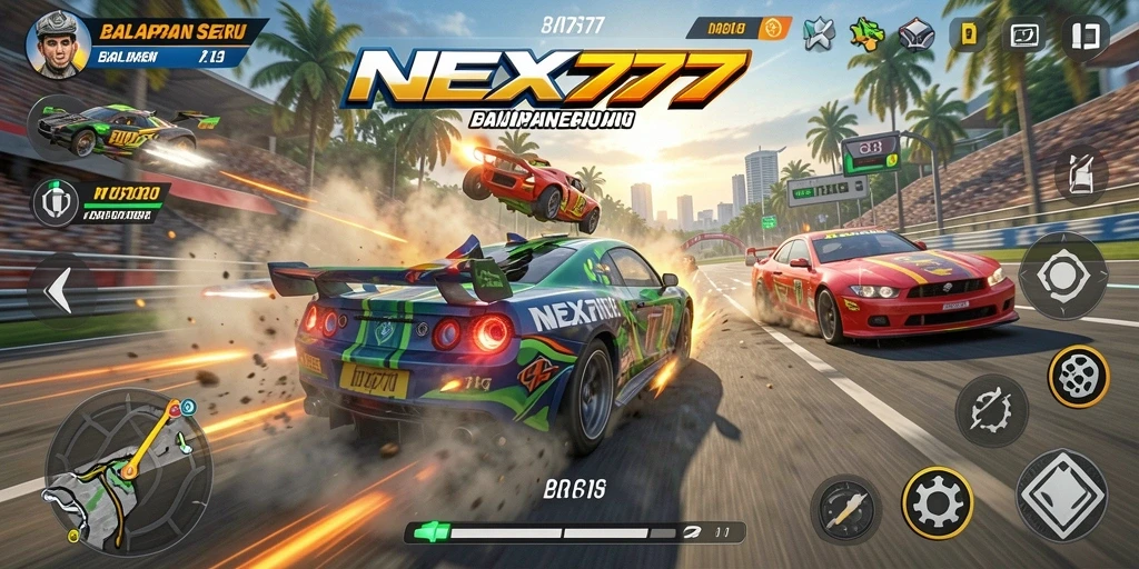 Screenshot menunjukkan aksi balapan seru di NEX777.