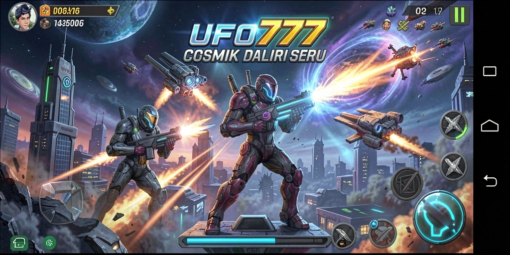 Screenshot utama <strong>UFO777</strong> menampilkan aksi pertempuran luar angkasa yang mendebarkan.