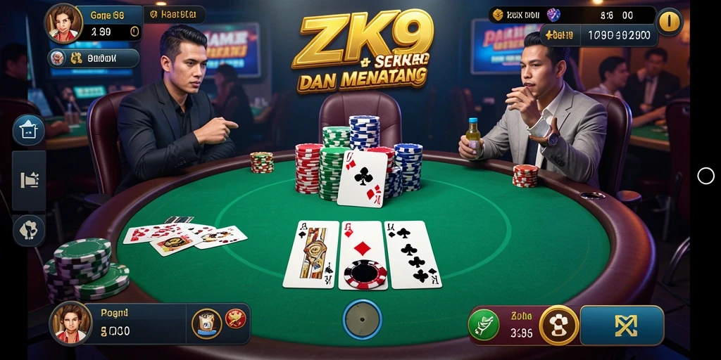 Screenshot ZK9 menampilkan gameplay seru dengan pemain berinteraksi di meja poker.